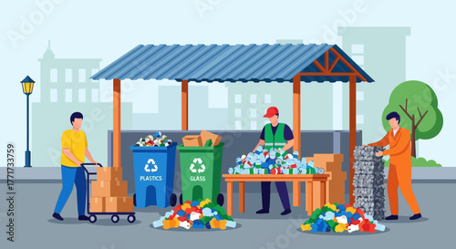 People sorting and collecting recyclable materials at a collection point.