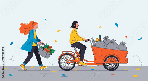 People walking and cycling, collecting garbage for recycling.