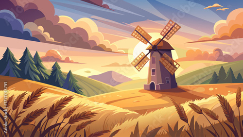 Vector illustration of an antique windmill on a hill surrounded by golden wheat fields, soft sunset glow, gentle clouds, warm nostalgic tones, peaceful vintage countryside scene