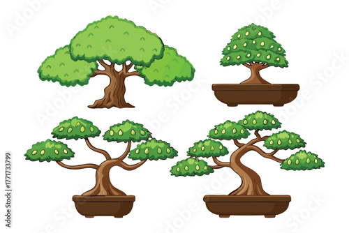 Bonsai Trees Illustration: Showcase the artful precision of nurturing miniature trees within elegant containers, with vibrant greenery forming graceful silhouettes and refined details in the design.