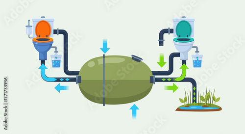 Septic Tank System Diagram Showing Waste Water Treatment Process.