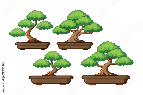 Bonsai Trees Illustration: A collection of meticulously crafted bonsai trees, each a miniature masterpiece of nature, standing in its own ceramic pot.  An artful blend of artistry and horticulture.