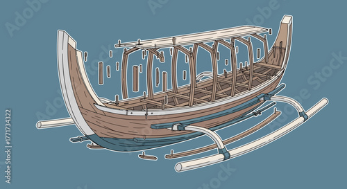 Traditional Indonesian boat design with outriggers for stability and transport.