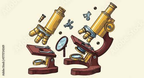 Two vintage microscopes with detached lenses and scattered scientific elements.