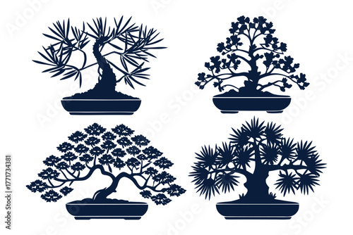 Serene Silhouette of Bonsai Trees: An artistic representation of four elegant bonsai trees, each meticulously styled in its individual pot, evokes a sense of tranquility.