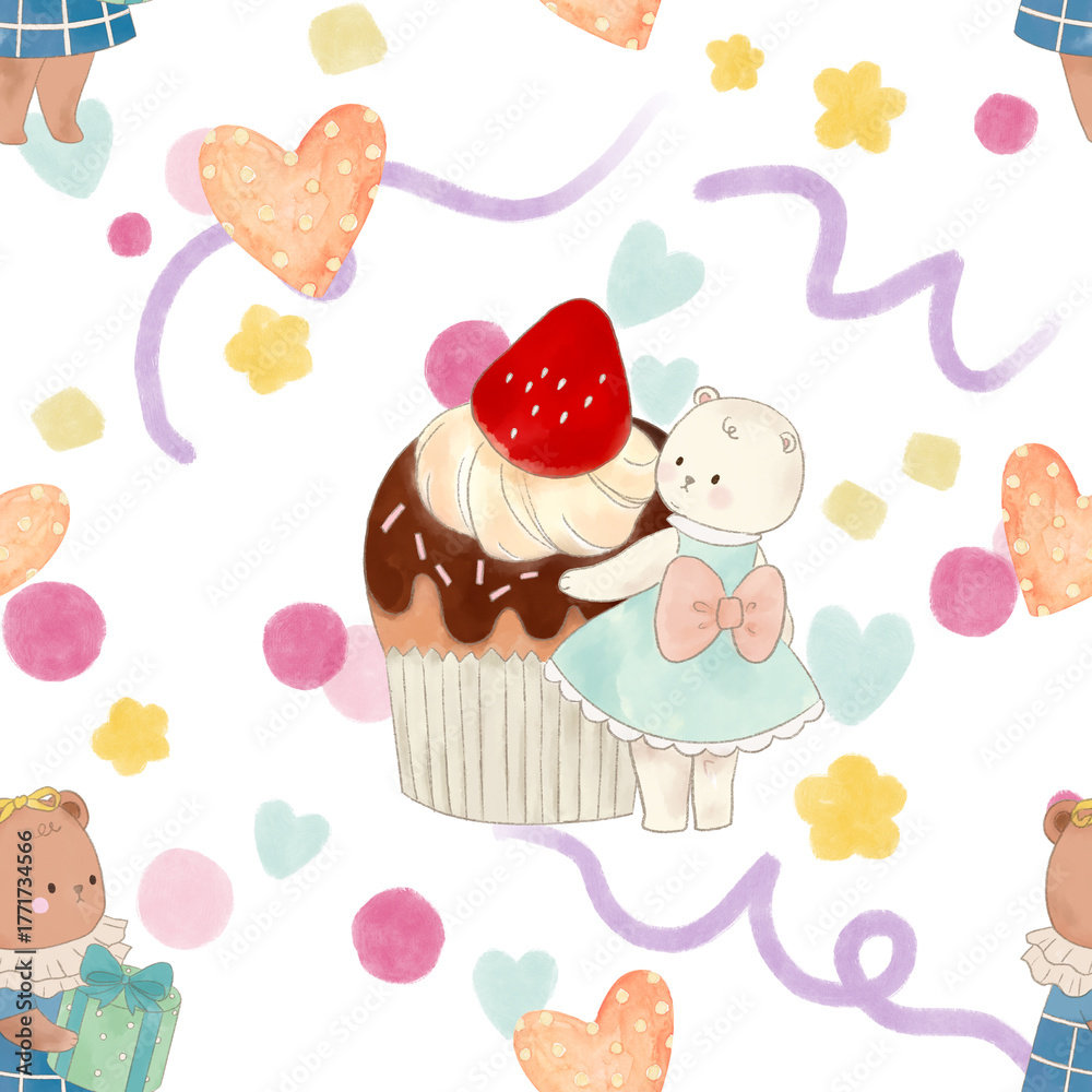 Fototapeta premium Birthday, Holiday, Anniversary cute animal party seamless pattern Festive decor like celebration sweets, gifts illustration