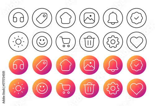 Modern Line and Gradient Circle Icons Set for Social Media and Web