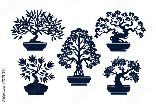 Bonsai Trees Silhouette Collection: A curated selection of meticulously crafted bonsai trees, their intricate silhouettes against a neutral backdrop