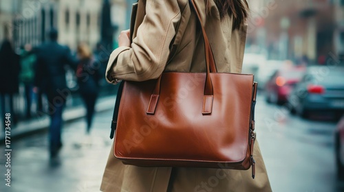 A woman in a beige trench coat carries a large brown leather tote bag over her shoulder, walking down a city street with blurred cars and pedestrians in the background.