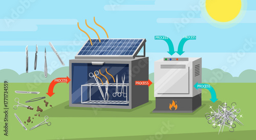 Vector Illustration of an Eco Friendly Waste Transformation System.