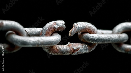 Close-up of a rusted broken chain link against a black background symbolizing weakness and fragility