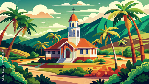 Very beautiful view of The Kalokahi O Ka Malamalama Church in Lanai City, Lanai, Hawaii, USA, featuring charming island architecture surrounded by lush greenery and tropical serenity under a clear sky