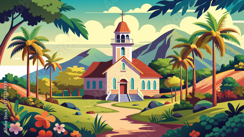 Very beautiful view of The Kalokahi O Ka Malamalama Church in Lanai City, Lanai, Hawaii, USA, featuring charming island architecture surrounded by lush greenery and tropical serenity under a clear sky