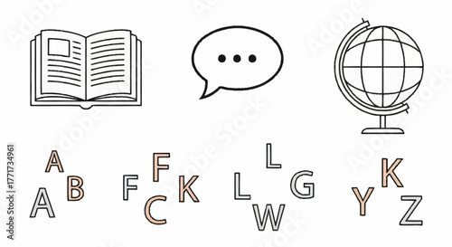 Hand drawn icons for education and language learning.