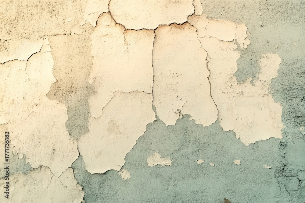 Obraz premium A weathered, textured wall displays cracked, peeling paint in muted pastel tones.