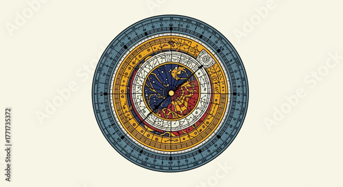 Vintage illustration of an intricate astronomical clock face.
