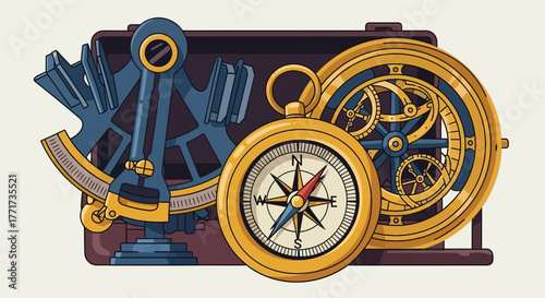 Vintage Nautical Navigation Instruments Compass Sextant Astrolabe.