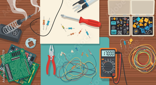 Workbench with soldering iron multimeter and various electronic components.