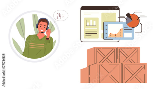 Customer service agent with headset beside analytics dashboard, charts, and stacked boxes. Ideal for logistics, support, analytics, inventory, e-commerce, operations or data-driven management