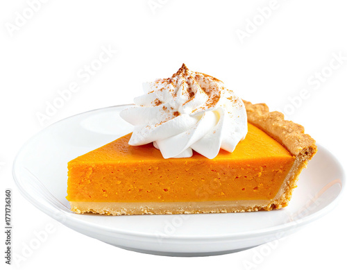 A single slice of pumpkin pie on a white plate, topped with whipped cream, isolated on black