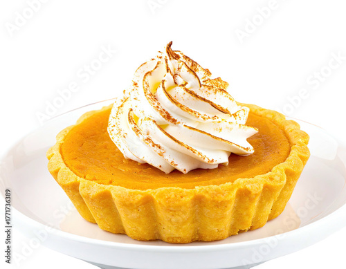 A small, golden pumpkin pie with whipped cream topping, served on a white plate