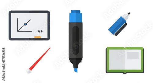 Educational tools and stationery items for learning and writing.