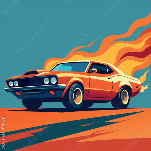 Retro muscle car racing with fiery background, bold colors and dynamic shadows, vintage illustration style.