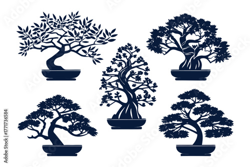 Bonsai Trees: A striking silhouette of miniature bonsai trees, expertly cultivated in intricate shapes, showcasing the art of nature's delicate balance.
