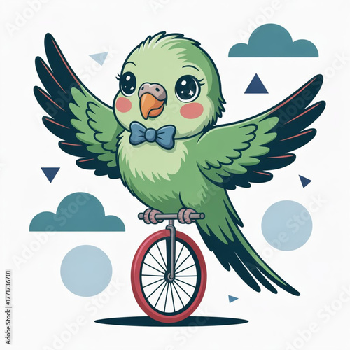 Cute Whimsical Parakeet Balancing on a unicycle Vector Illustration