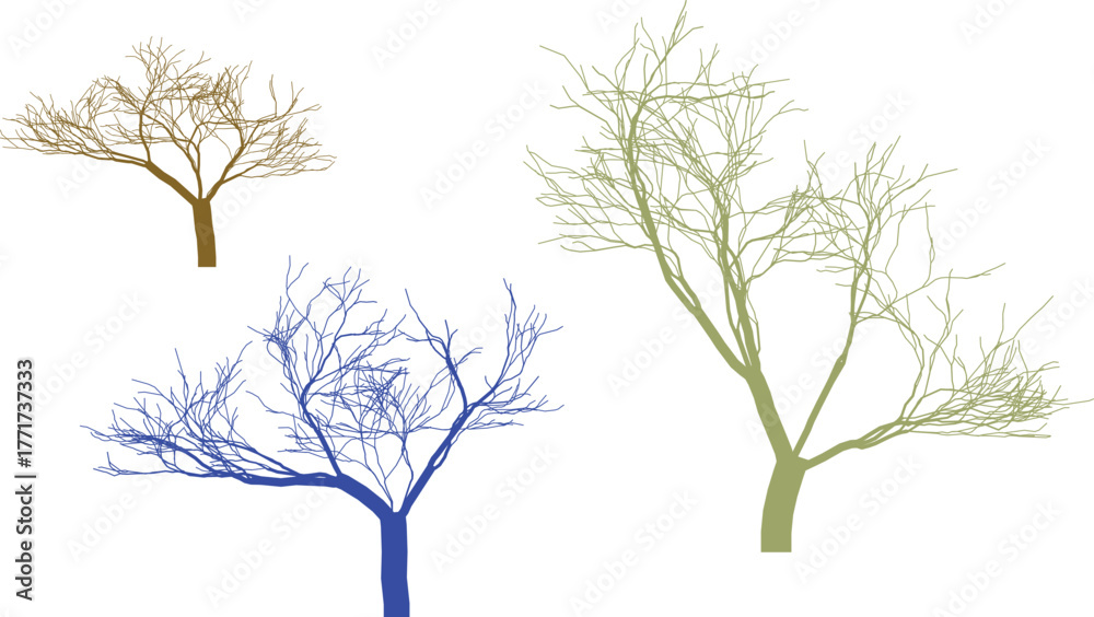 Obraz premium Three stylized bare trees in brown blue and green on white brown tree blue tree