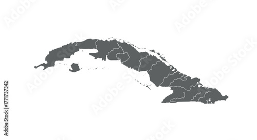 Minimalist silhouette map of cuba with provinces in grey