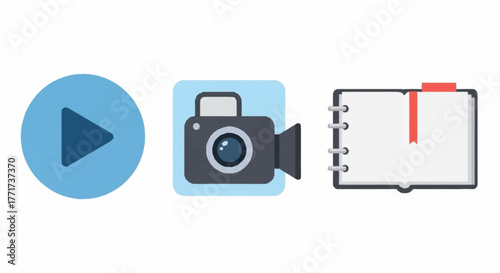 Digital Media Icons Representing Play, Camera, and Notebook Functions.