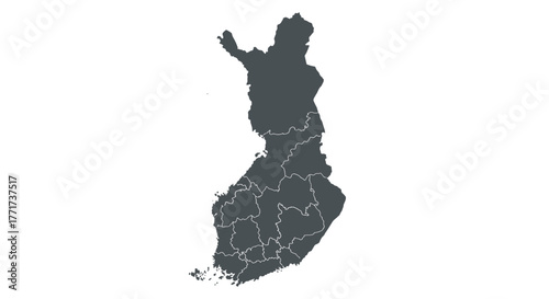Detailed map of finland divided by regions in dark silhouette style