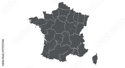 Detailed outline map of france with regional borders highlighted on white background