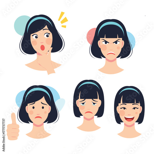 A collection of a young woman's diverse emotional facial expressions, including happiness, anger, surprise, sadness, and disappointment.