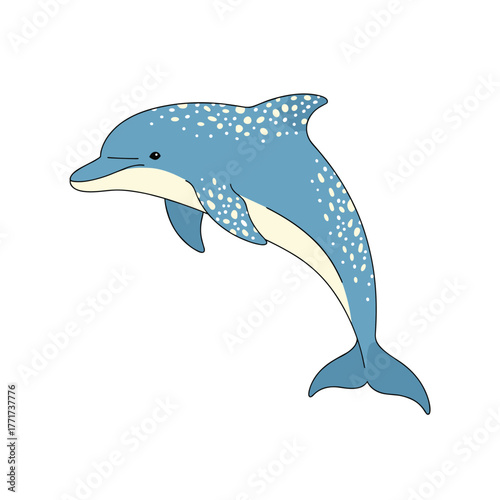 A graceful spotted dolphin leaps with joy, showcasing its distinctive markings against a clean white background.