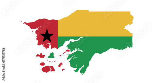 Guinea bissau map with flag colors: yellow, green, red, black star
