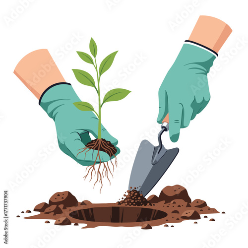 Gloved hands are carefully planting a young green sapling with exposed roots into a freshly dug hole in brown soil, using a garden trowel.