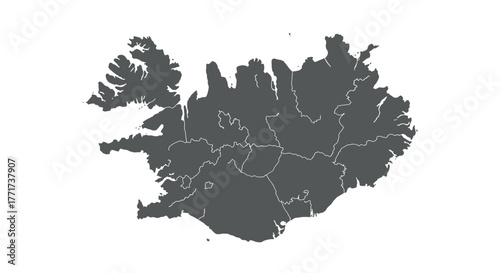 Detailed silhouette map of iceland with region borders in gray