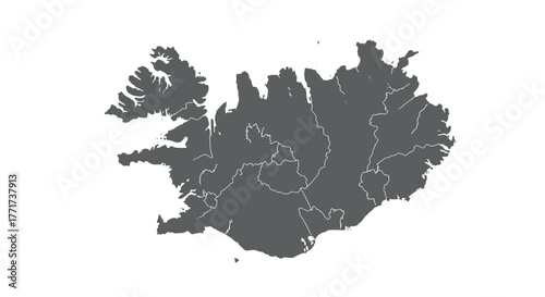 Silhouette map of iceland with regional boundaries in grayscale