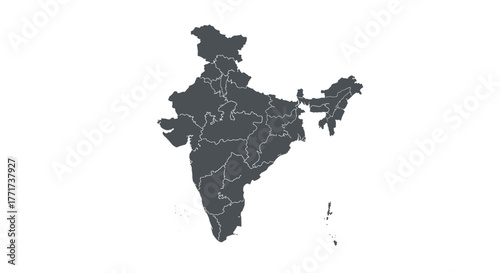 Detailed outline map of india with states in dark gray silhouette