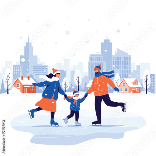 A cheerful family in winter attire enjoys a fun ice skating activity on a snowy day, with a cityscape and houses in the background.