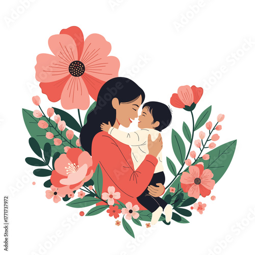 A loving mother embraces her happy baby, surrounded by a beautiful floral arrangement, symbolizing the joy and tenderness of motherhood.