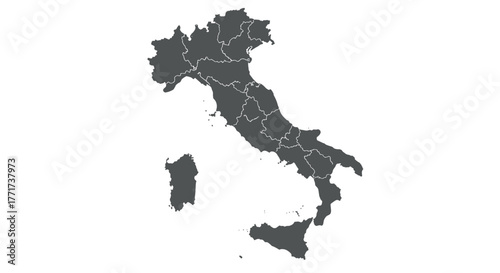 Detailed silhouette map of italy with region borders