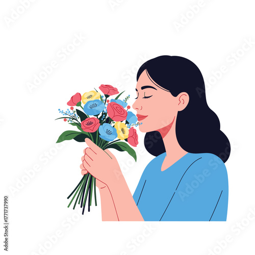 A young woman with dark hair closes her eyes in contentment as she smells a fresh, vibrant bouquet of colorful flowers she is holding.