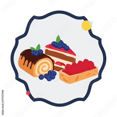Delicious assorted pastries and cakes with fresh berries, including a Swiss roll, a cake slice, and a raspberry tart, presented in a decorative frame.