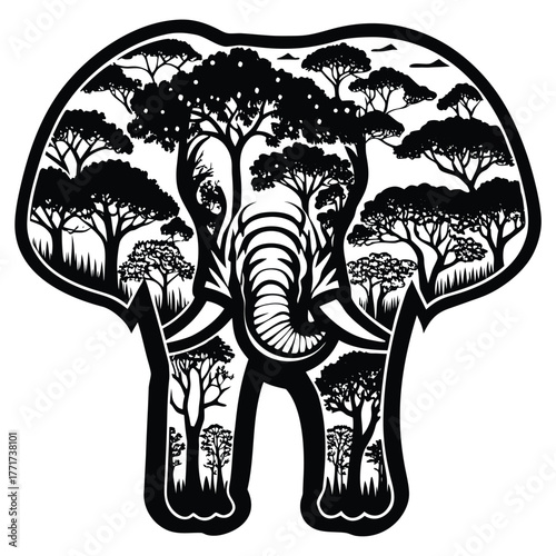 Double Exposure Elephant Silhouette Vector Graphic for T-Shirt Design (Engraving Style)