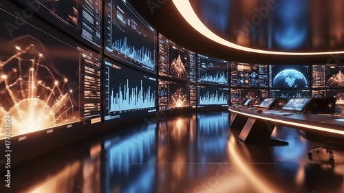 A futuristic control room with multiple curved screens displaying complex data visualizations