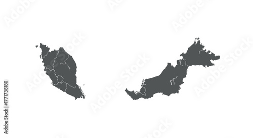 Simplified gray maps of malaysia's peninsular and borneo regions on white background