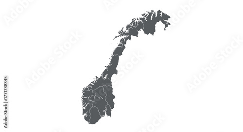 Detailed outline map of norway with regions in gray silhouette